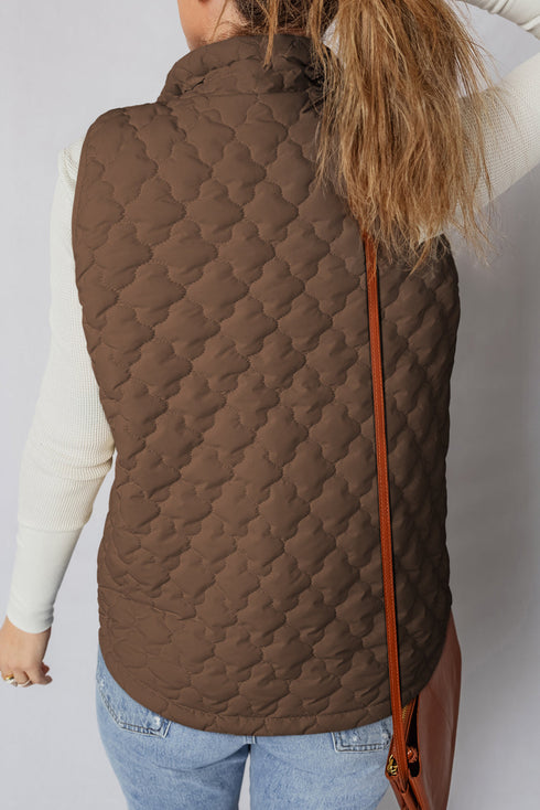 Stand Collar Flower Quilted Snap Button Zip Vests